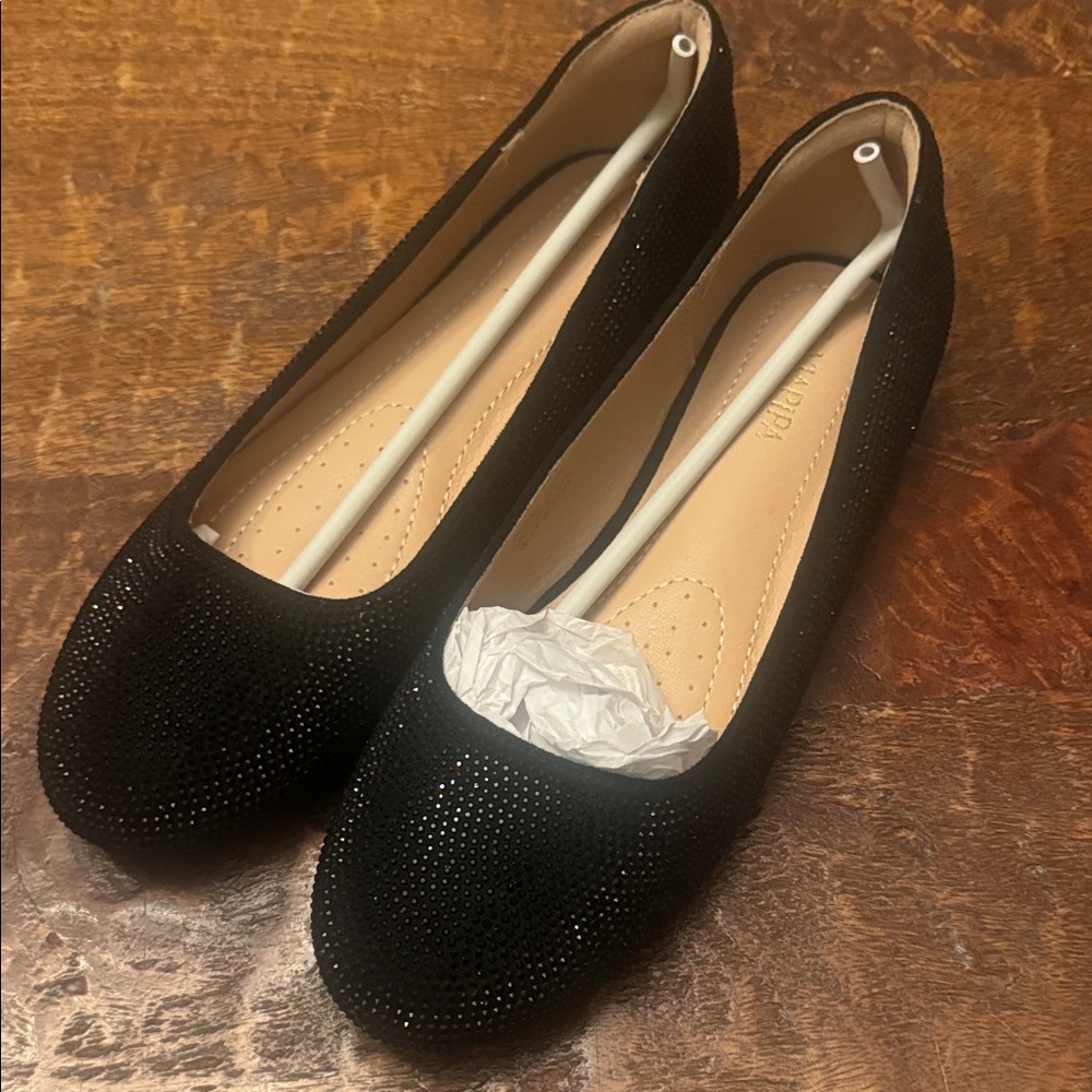 Women's Black Crystal-Embellished Ballet Flats,NWT
